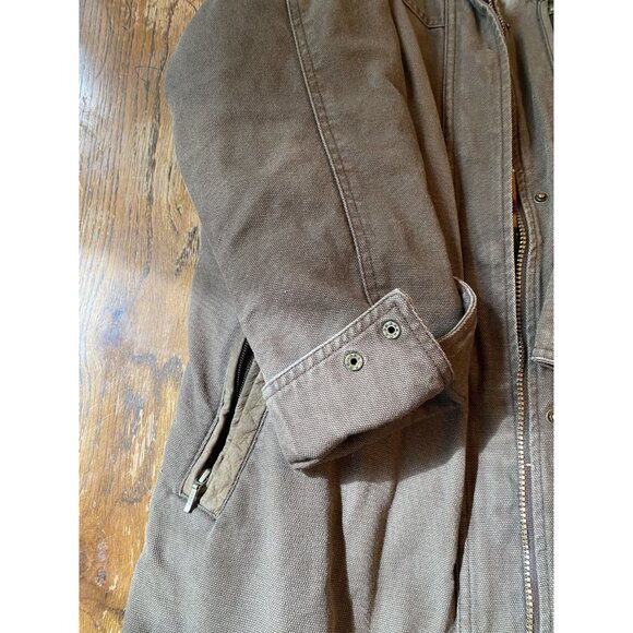 Vintage Cabelas Womens Brown Canvas Long Coat With Striped Fleece Lining Size M - Picture 3 of 13